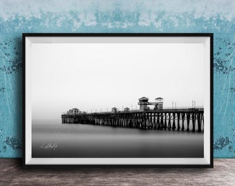 Oceanside Pier Photo, Black and White Coastal Print (Long Exposure)