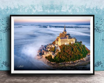 Mont Saint Michel, Moody Sky Atmosphere Poster | Normandy Coast View | Serene Coastal Scene