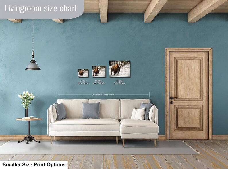 a living room with a white sofa, a wooden door, and a hanging light fixture. There are three framed pictures of animals on the wall, and the text indicates that the living room is designed for smaller size print options.
