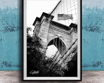 Brooklyn Bridge Wall Art: Black & White NYC with American Flag