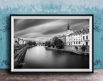 Paris Photography Print: Historic Court and Seine River Scene