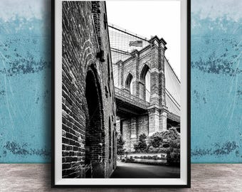 Brooklyn Bridge Art | Black-White Flag Photo - Vintage NYC, Urban Skyline View