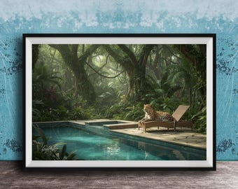 Leopard at Swimming Pool AI Wall Art - Jungle Forest Print