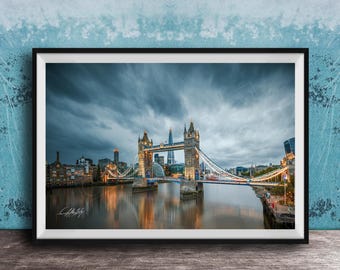 Tower Bridge Art Print: London Skyline at Blue Hour (Sunset Glow)