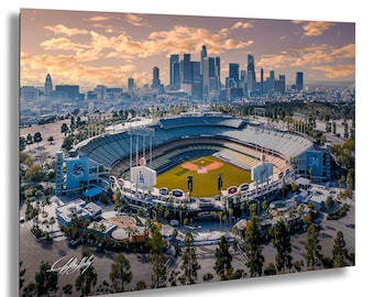 Dodgers Stadion Wandkunst mit LA Skyline bei Sonnenaufgang und Sonnenuntergang, Los Angeles Baseball Dekor, Dodgers Fan Geschenk, Stadion Illustration Druck