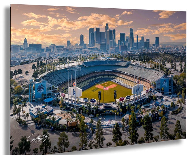 Featured listing image: Dodgers Stadium Wall Art with LA Skyline at Sunrise & Sunset, Los Angeles Baseball Decor, Dodgers Fan Gift, Stadium Illustration Print