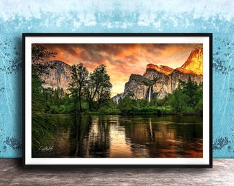 Yosemite Valley National Park Poster: (Cathedrals, Merced River, Bridalveil)