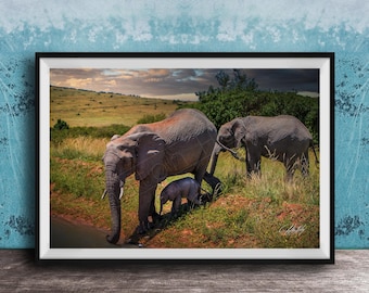 Baby Elephant Wall Art: African Safari Family Scene (Sunset Hues Print)