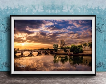 Louvre Pyramid Wall Art: Paris River Scene - Golden Hour Sunset