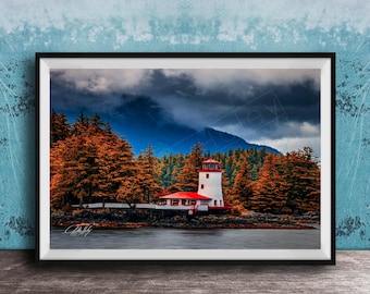 Sitka Lighthouse Canvas, Autumn Seascape, Sailing Ship (Framed or Unframed)