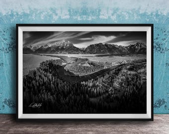 Snake River Tetons Print: Black and White Mountain Landscape