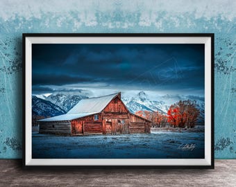 T.A. Moulton Barn Wall Art: Snowy Autumn at Grand Tetons - Rustic Nature Scene