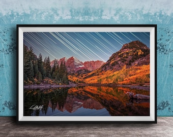 Maroon Bells Mountain Photo - Autumn Colors and Starry Sky