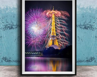 Eiffel Tower Night, Paris Fireworks Long Exposure Photo Print | Bedroom Decor Art | French Holiday Gift