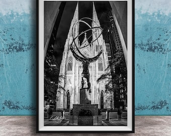 NYC Atlas Statue Metal Print: Black & White Urban Photo