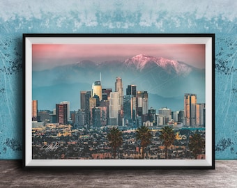 LA Skyline Wall Art: Pastel Sunset with Mountains - Framed Options