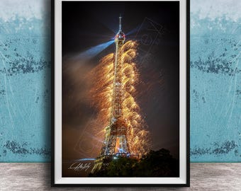 Eiffel Tower Night | Paris Skyline Decor | Fireworks Glow Celebration Art