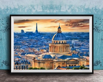 Paris Pantheon Wall Decor: Golden Hour Watercolor (Eiffel Tower Scene)