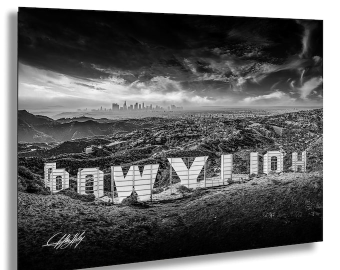 Featured listing image: Hollywood Sign Print: LA Skyline Photography (Black and White)
