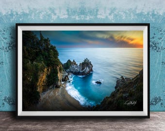 Big Sur McWay Falls Wall Art: Sunset Beach Waterfall Scene