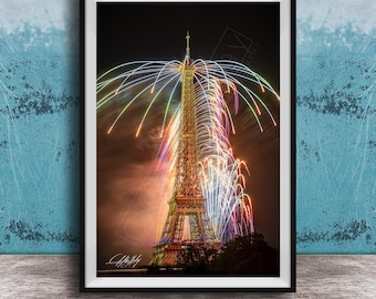 Paris Fireworks Print, Eiffel Tower at Night (Bastille Day Celebration)