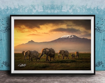 Elephant Family Print: African Safari Scene (Kenyan Sunset Colors)