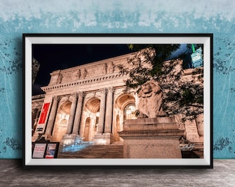 NYC Public Library Wall Decor - Nighttime Cityscape with Lions