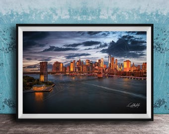 NYC Brooklyn Bridge Wall Art, Twilight Urban Scene (Framed or Canvas)