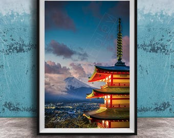 Mount Fuji Pagoda Wall Art - Cherry Blossom Sunrise View