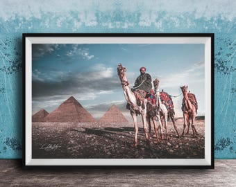 Giza Pyramids Sunset Print, Camel Caravan (Blue Tone)