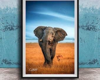 Boho Safari Wall Art, Elephant and Lion Sunrise (African Wildlife Print)