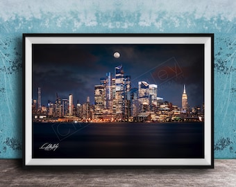 NYC Skyline Wall Art: Hoboken Pier at Blue Hour with Full Moon