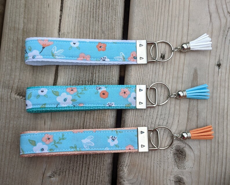 Bracelet key ring key ring strap with blue flowers fabric and Etsy