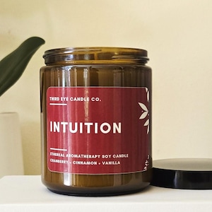 INTUITION Candle, Cranberry Cinnamon Vanilla Scented Aromatherapy Soy Wax Candle, Sweet Woody Scent, Spiritual Gift, Fall Cozy Holiday Scent