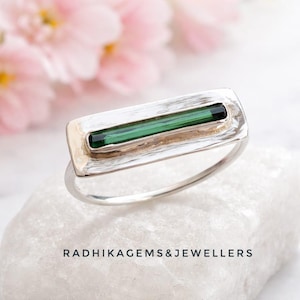 Raw Green Tourmaline Ring, Raw Green Pencil Tourmaline Ring, Stackable Ring, Handmade 925 Sterling Silver Band Ring, Valentine Gift Ring