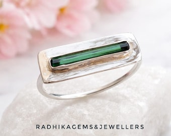 Raw Green Tourmaline Ring, Raw Green Pencil Tourmaline Ring, Stackable Ring, Handmade 925 Sterling Silver Band Ring, Valentine Gift Ring
