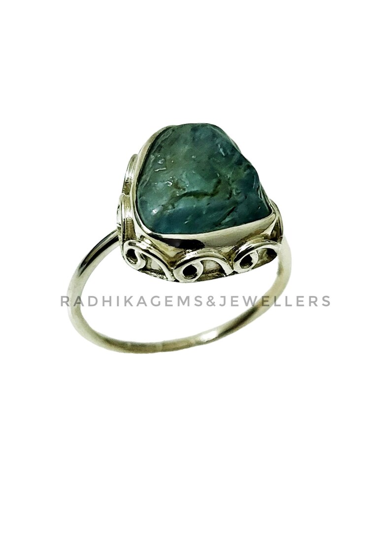 Bague Artisanale Réglable En Argent 925 - Sertie D'une Aigue-marine Brute, Création Unique