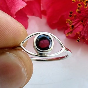 Garnet Evil Eye Ring, Natural Garnet Gemstone Handmade 925 Sterling Silver Evil Eye Ring, Evil Eye Jewelry Statement Eye Ring For Birthday.