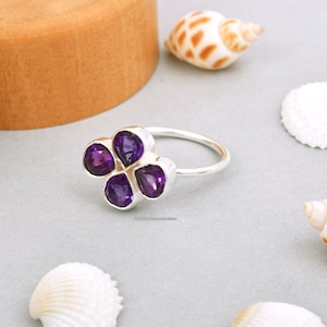 4 Heart Amethyst Ring, Heart cut gemstone Ring, Amethyst Love Rings, Valentine 925 Sterling Silver Ring, Amethyst Heart Gift Promise Ring