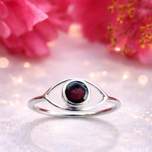 Garnet Evil Eye Ring, Natural Garnet Gemstone Handmade 925 Sterling Silver Evil Eye Ring, Evil Eye Jewelry Statement Eye Ring For Birthday.