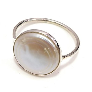 White Round Coin Pearl Ring in 925 Sterling Silver, Natural Coin Freshwater Pearl Stackable Ring, March Birthstone Statement Ring, Gift Ring