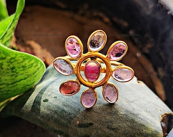 Tourmaline flower Ring, 925 Sterling Silver Pink flower Ring Bands , Available in all Gemstones, Flower Ring, Handmade Ring, Gift For Her