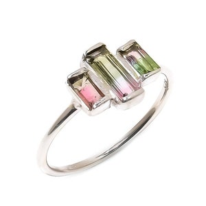 Watermelon Tourmaline Ring, 925 Sterling Silver, Natural Tourmaline Baguette Ring, Playful Elegance Watermelon Tourmaline Ring, Gift for her