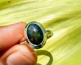 Black Ethiopian Opal Ring, Black Opal Cocktail Ring 925 Sterling Silver, Black Opal Statement Ring, October Birthstone, Opal Wedding Ring