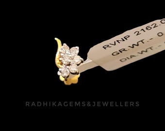 Pendiente nasal de oro con forma de hoja y diamantes, pasador nasal de oro macizo de 14 y 18 quilates, aro nasal floral con 6 diamantes, joya para la nariz de novia, regalo de aniversario para ella.