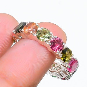 Tourmaline Wedding Ring, Natural Multi-Tourmaline Eternity Ring, 925 Sterling Silver Tourmaline Ring, Engagement Ring, Handmade Gift Ring