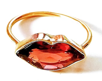 Red Garnet Lips Ring: 925 Sterling Silver Gold Plated Kiss Ring, Garnet Lip Kiss Ring, Handmade Garnet Ring, Engagement Ring For Her