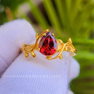 18K Solid Gold Garnet Ring, Natural Garnet Leaf Vine Engagement Ring, Twig Leaf Ring, Statement Twig Branch Ring, January Birthstone Ring