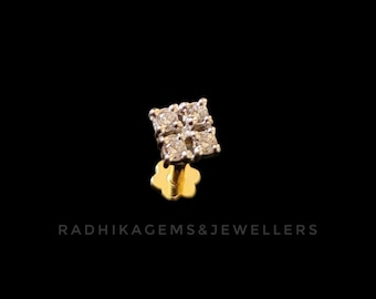 Square Diamond Gold Nose Stud, 14K & 18K Solid Gold Nose Pin, 4 Diamond Minimal Nose Ring, Everyday Bridal Nose Jewelry, Anniversary Gift