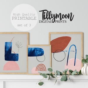 Midcentury Modern Art, Midcentury Modern Wall Art, Abstract Blush Pink Navy Indigo Burnt Orange Printable Digital Decor